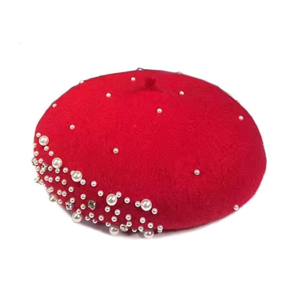 5612 Women Girls Beaded Pearl Rhinestone Wool French Beret Hat Winter Artist